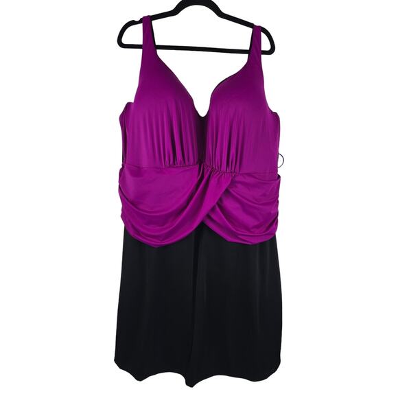 SwimSuits For All Black Pink One Piece Swim Dress 32 NWT - Picture 1 of 6